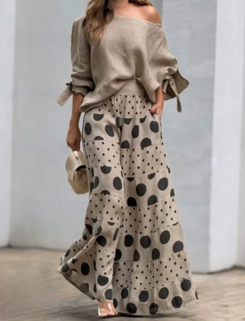 Off-Shoulder Top with Polka Dot Pants Set