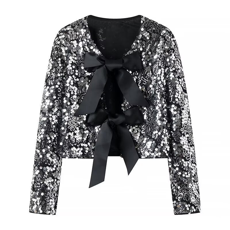 Sequin Bow-Tie Cropped Jacket