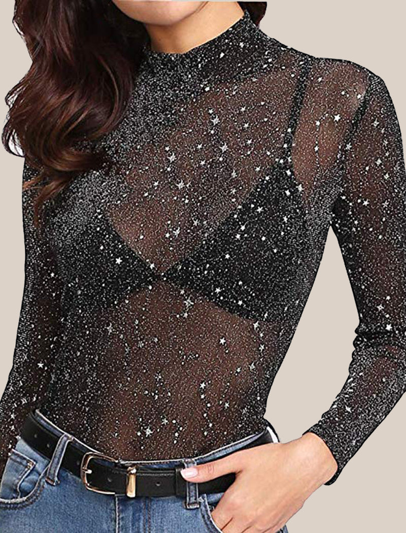 Star-Patterned Sheer Mock Neck Top