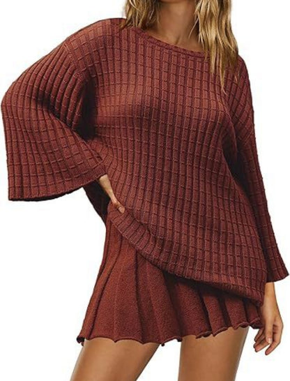 Knitted Striped Sweater and Pleated Skirt Set