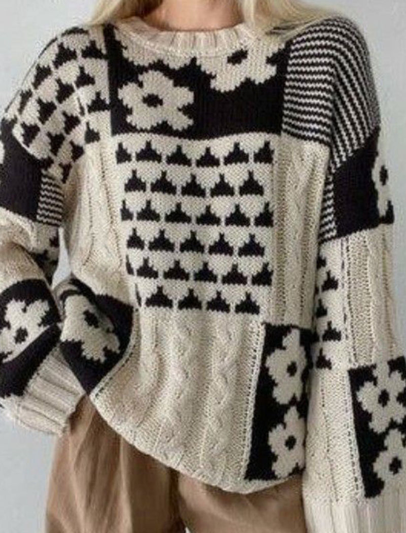 Floral Block Loose Knit Pullover