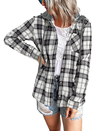 Hooded Plaid Button-Up Shirt