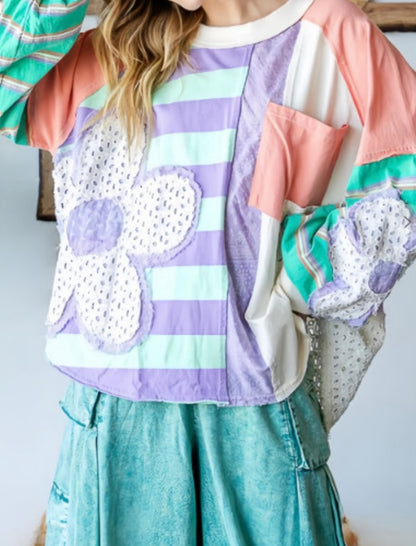 Floral Loose Colorblock Bubble Sleeve Top