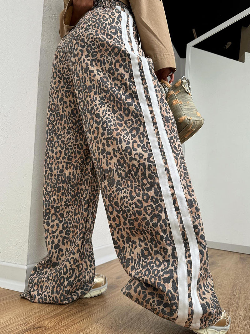 Leopard Print Striepd Wide-Leg Pants