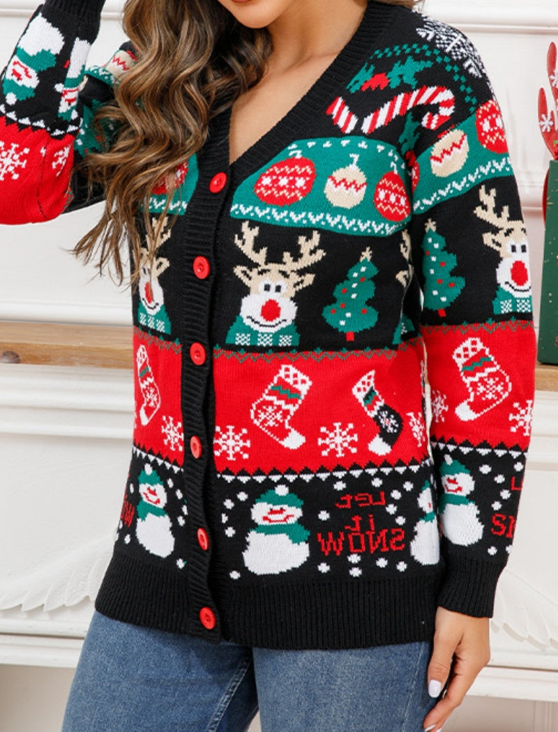 V-Neck Christmas Jacquard Cardigan