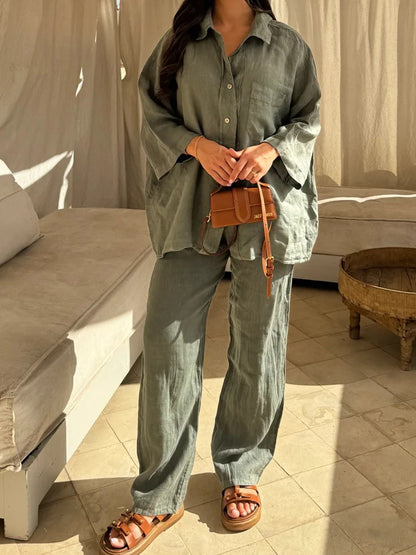 Oversized Button-Up Shirt and Wide-Leg Pants Set