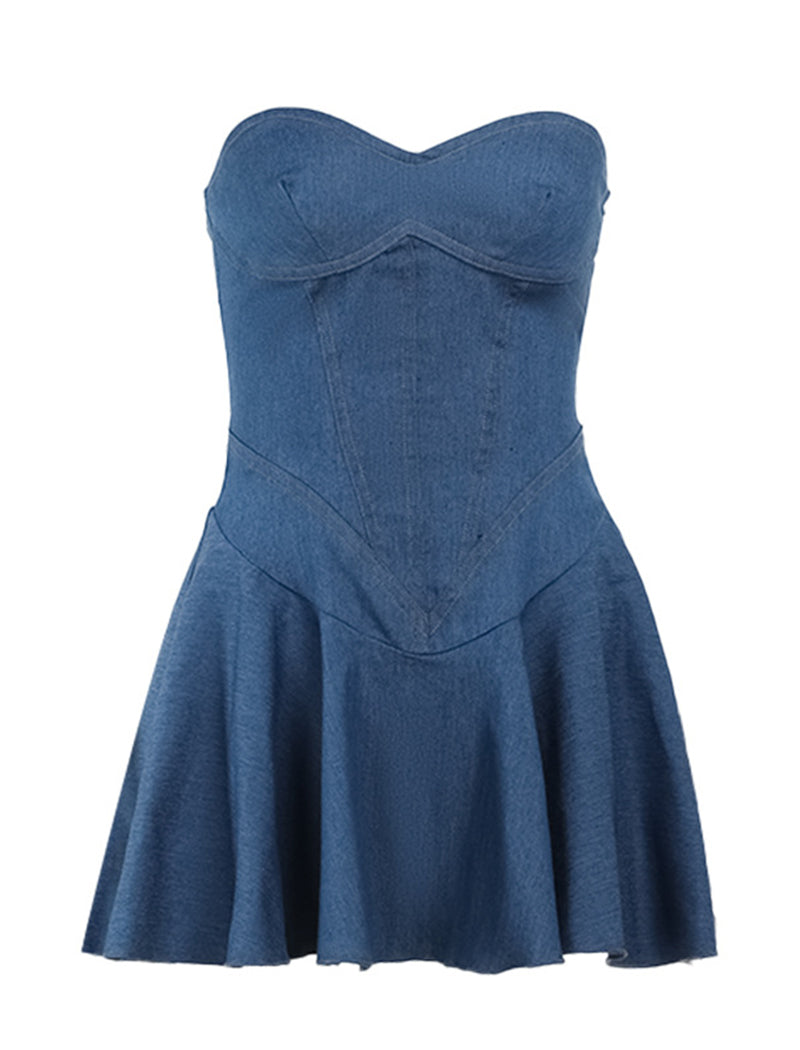 Flared Hem Strapless Denim Mini Dress