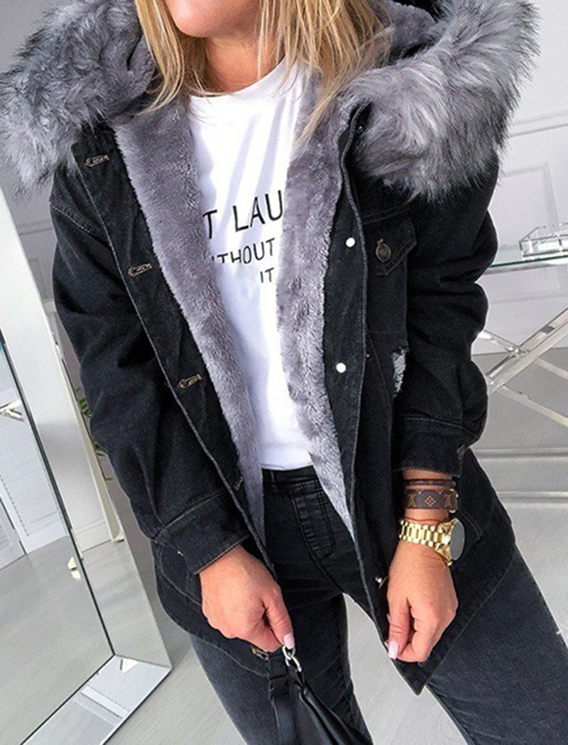 Denim Jacket with Faux Fur Trim Hood