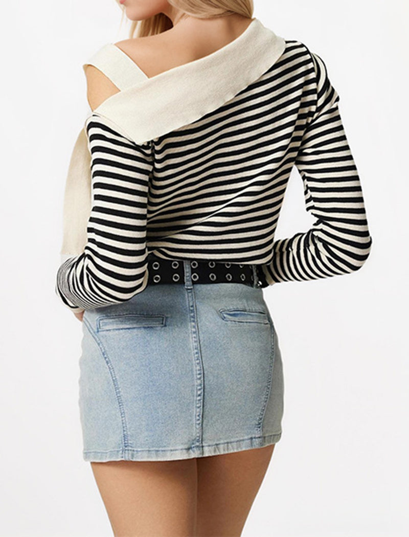 Black and White Striped Off-Shoulder Long Sleeve Top