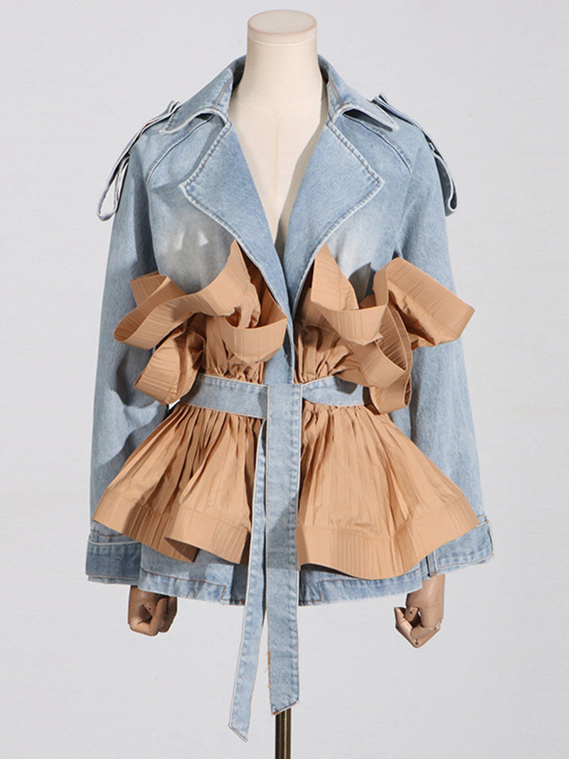 Colorblock Ruffled Belted Denim Jacket