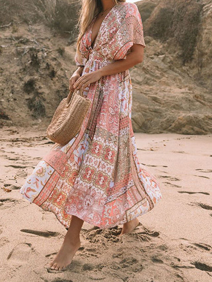 Bohemian Smocked Slit Maxi Dress