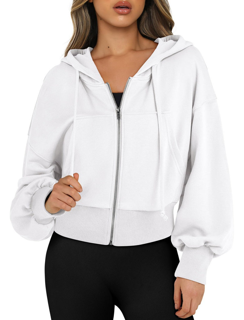 Cropped Zip-Up Hoodie with Elastic Cuffs