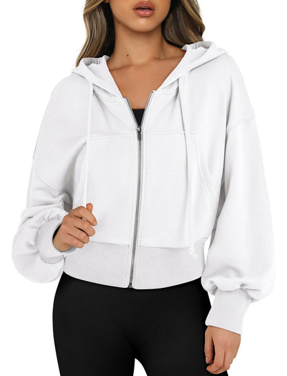 Cropped Zip-Up Hoodie with Elastic Cuffs