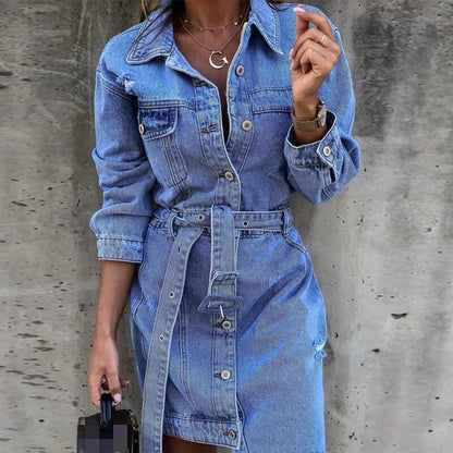 Button-Up Belted Denim Mini Dress