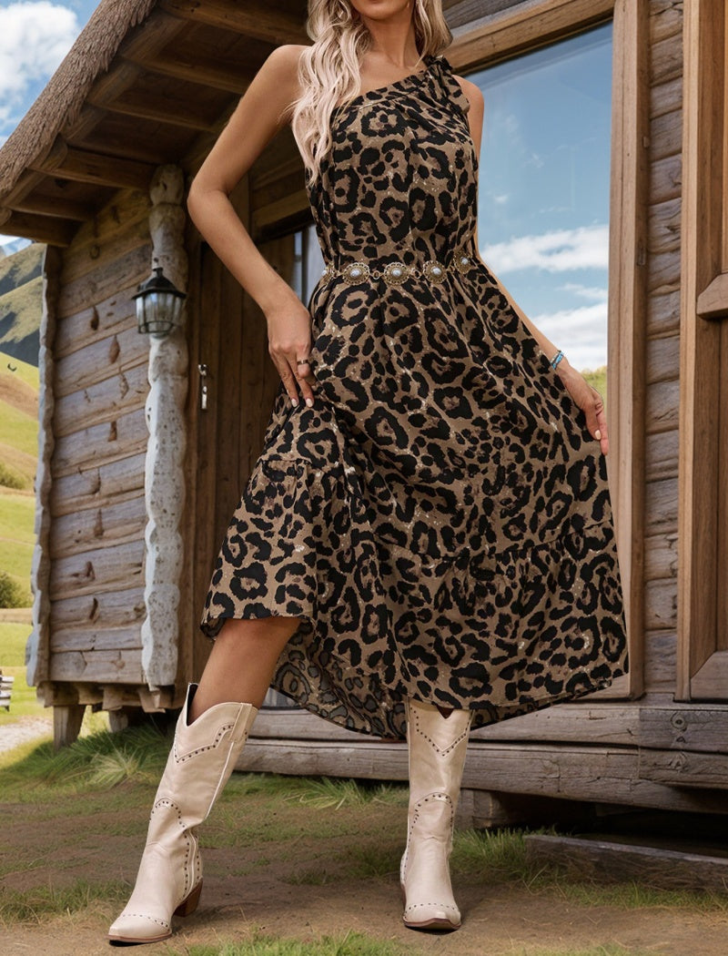 Leopard Print One-Shoulder Tie Dress