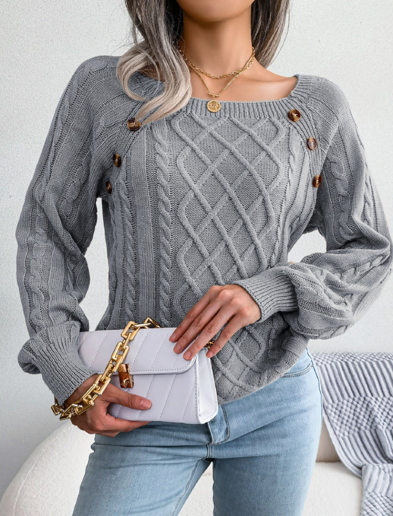 Cable Knit Sweater with Button Accents