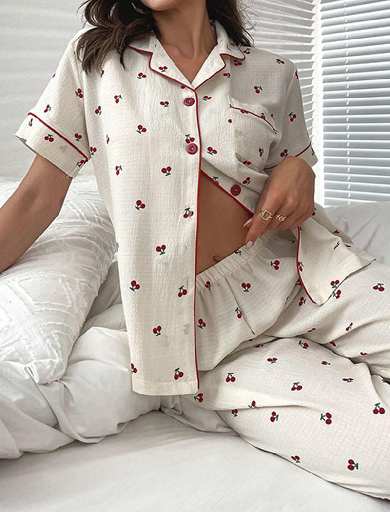 Cherry Print Top and Shorts Lounge Pajamas Set