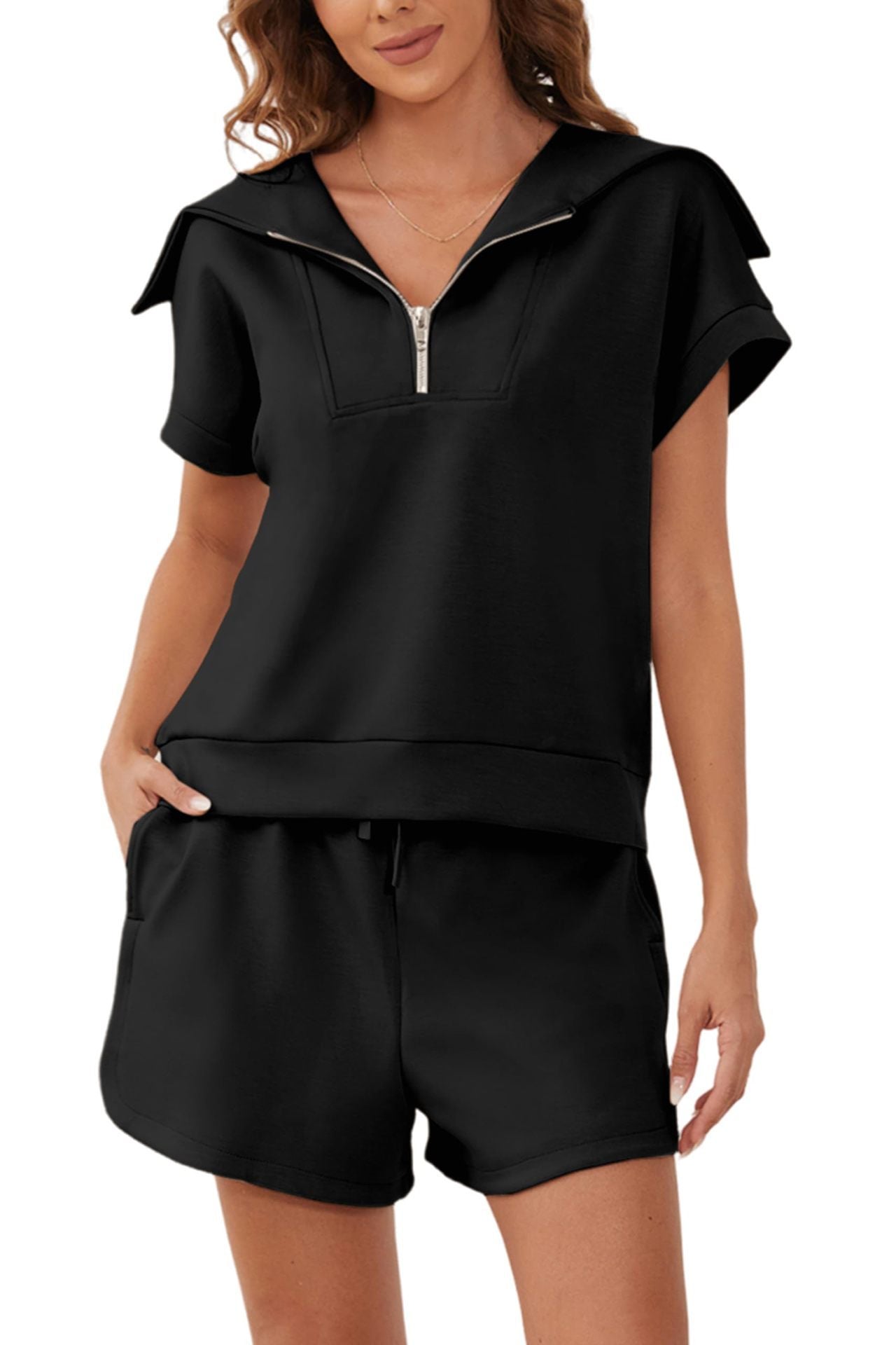 Zip-Up Collar Top and Shorts Set