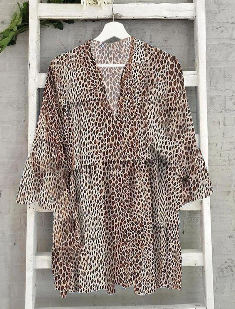 Leopard Print V-Neck Midi Dress