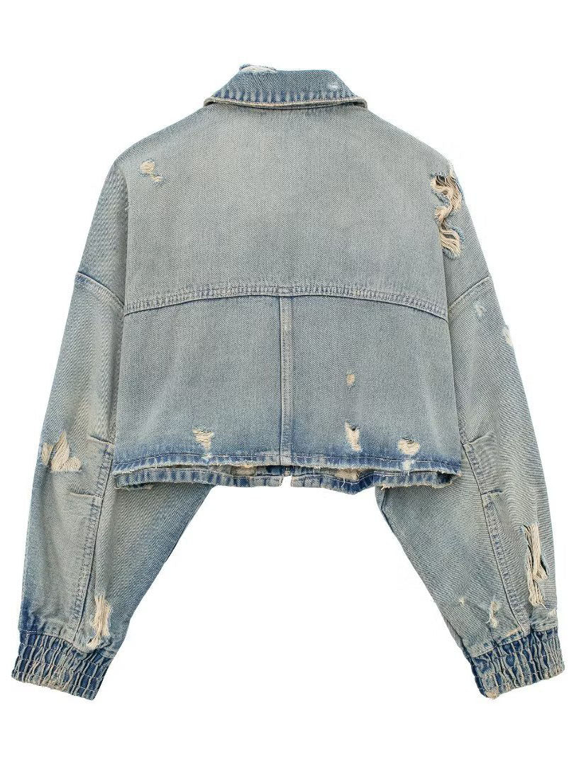 Distressed Zip-Up Crop Denim Jacket