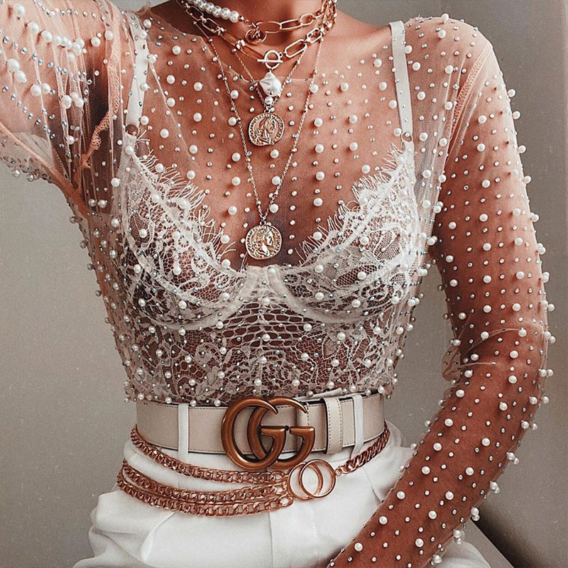 Sheer Mesh Pearl Crop Top