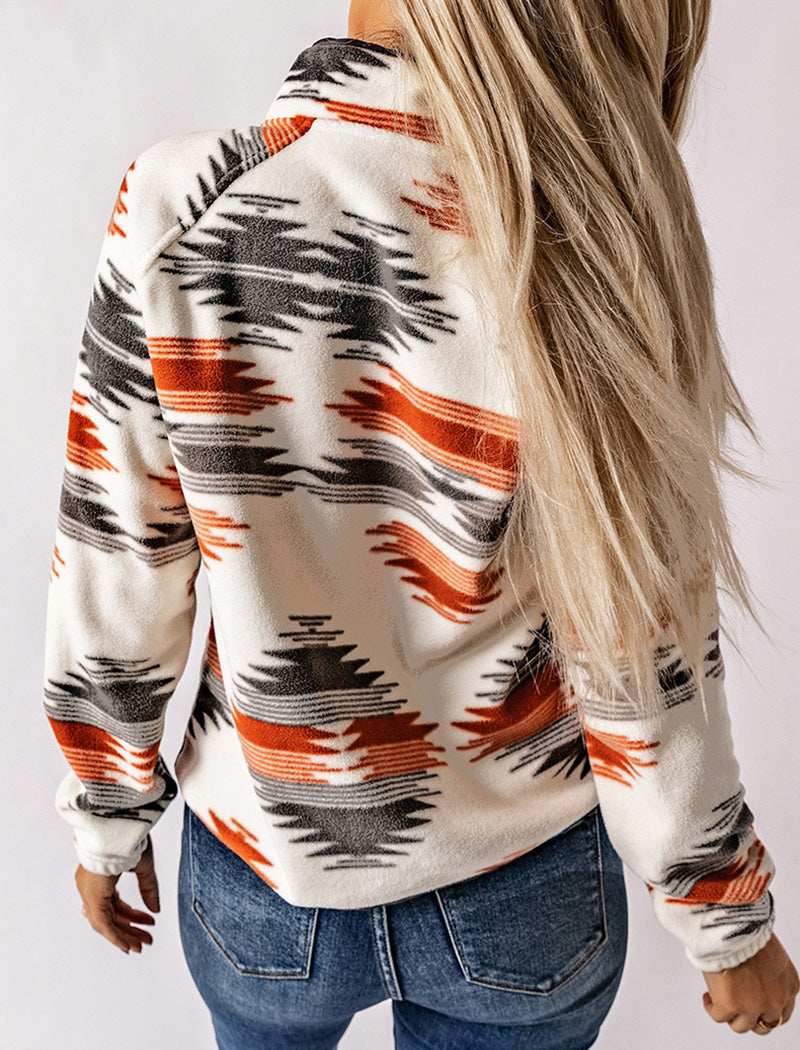 Aztec Print Button-Up Fleece Jacket