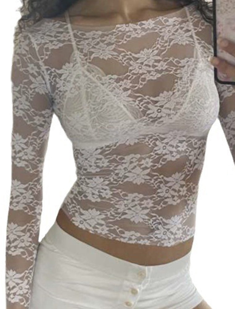 Sheer Floral Lace Long Sleeve Crop Top