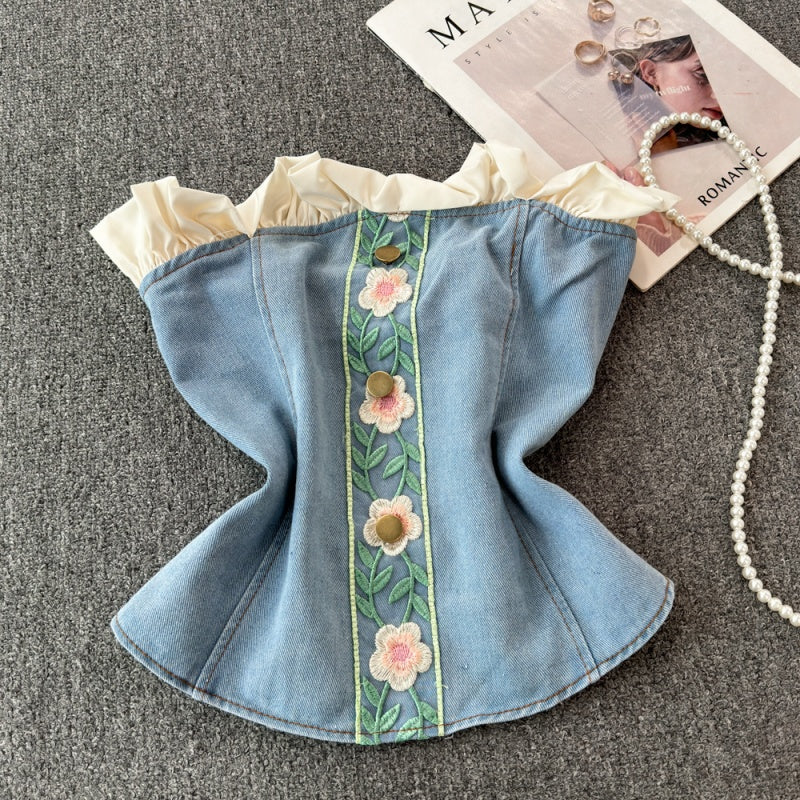 Ruffle Trim Off-Shoulder Denim Bustier