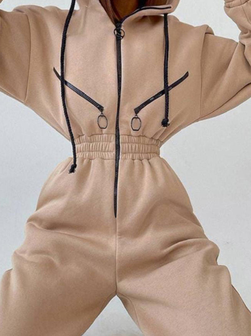 Drawstring Hooded Zip-Up Jumpsuit