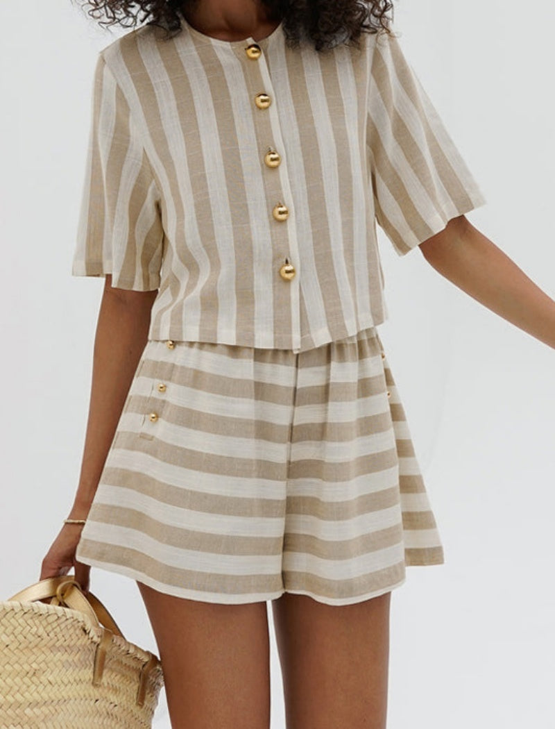 Striped Buttoned Short Sleeve Top and Shorts Set