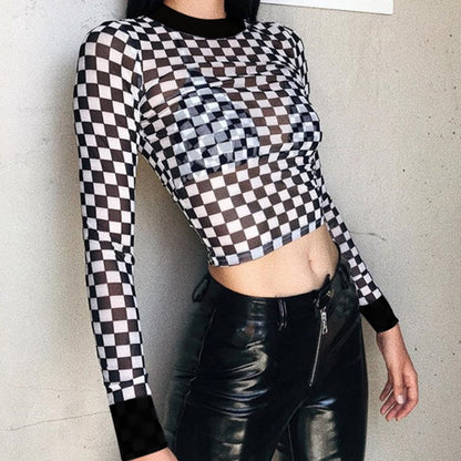 Sheer Checkered Long Sleeve Top