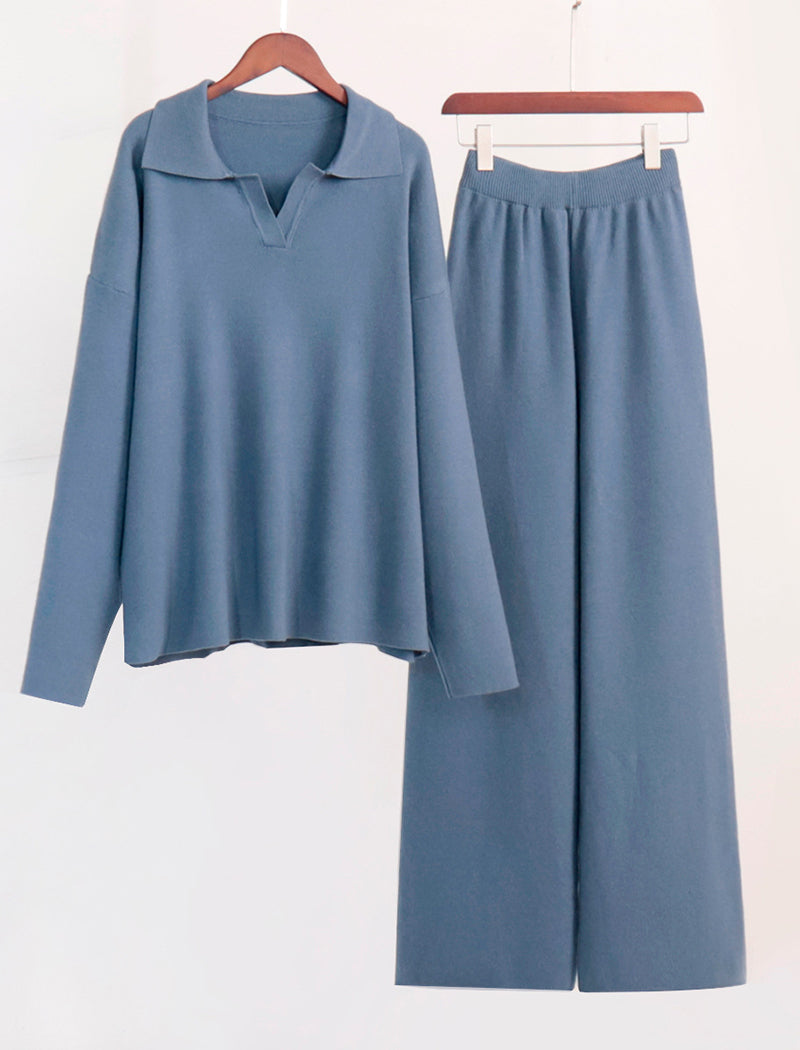 Knitted Polo Shirt and Wide-Leg Pants Set