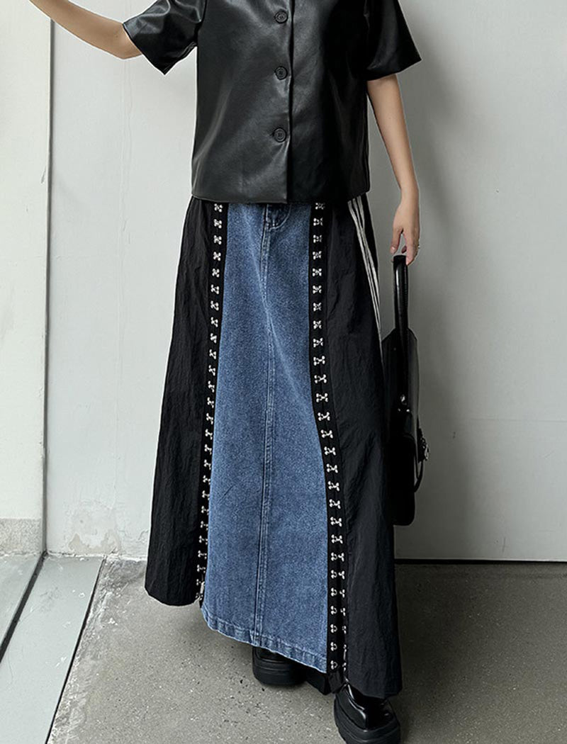 Patchwork Denim Maxi Skirt