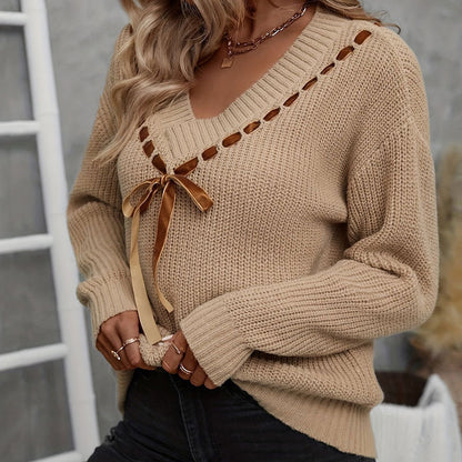 Lace-Up Knit V-Neck Sweater