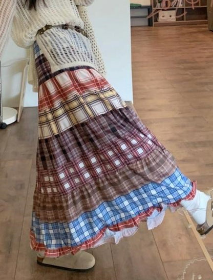 Layered Plaid Patchwork Skirt