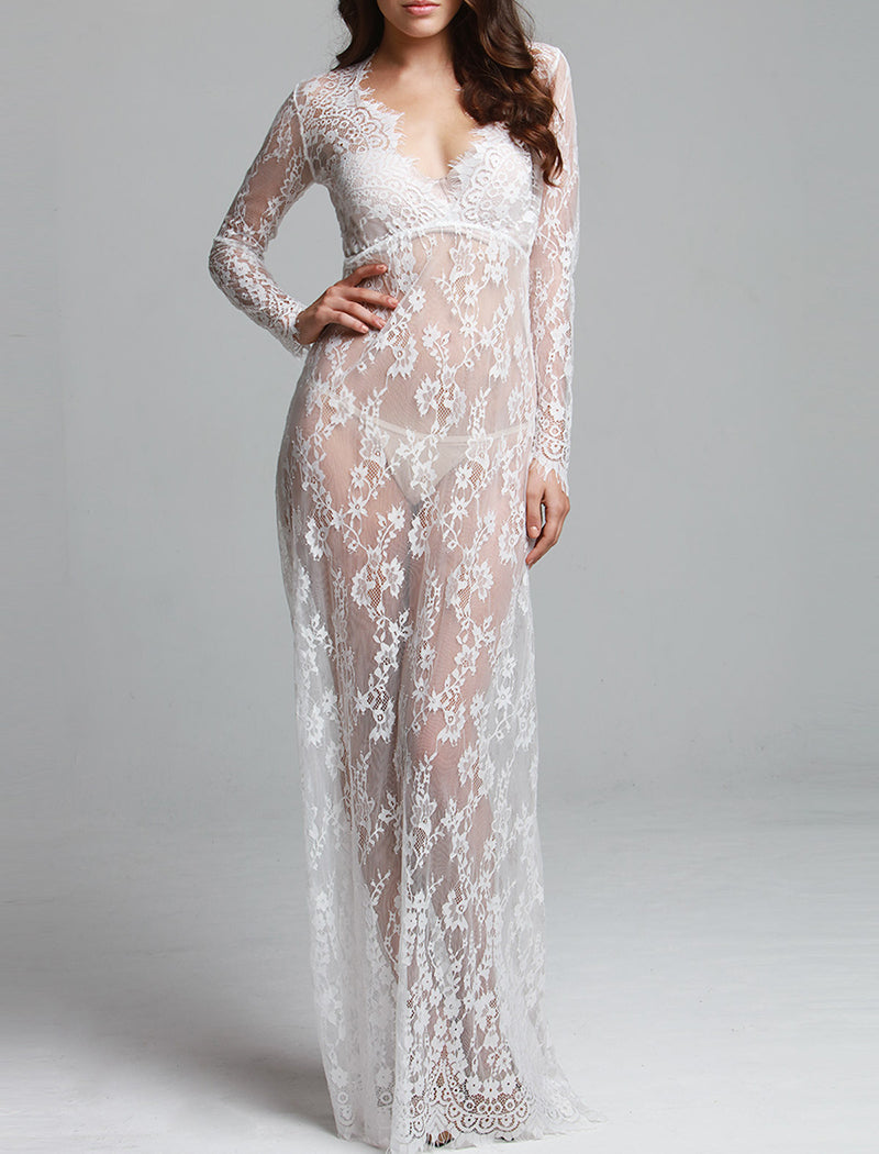 Sexy Deep V-neck Long Sleeve Lace Sheer Mermaid Dress