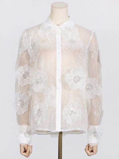 Sheer Floral Button-Up Shirt