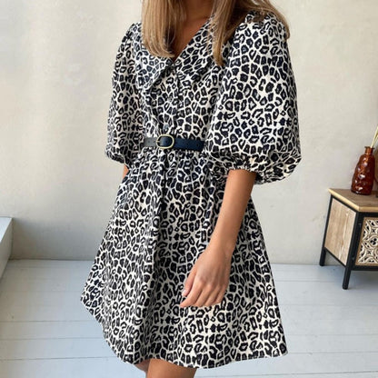 Belted Leopard Print Puff Sleeve Dress