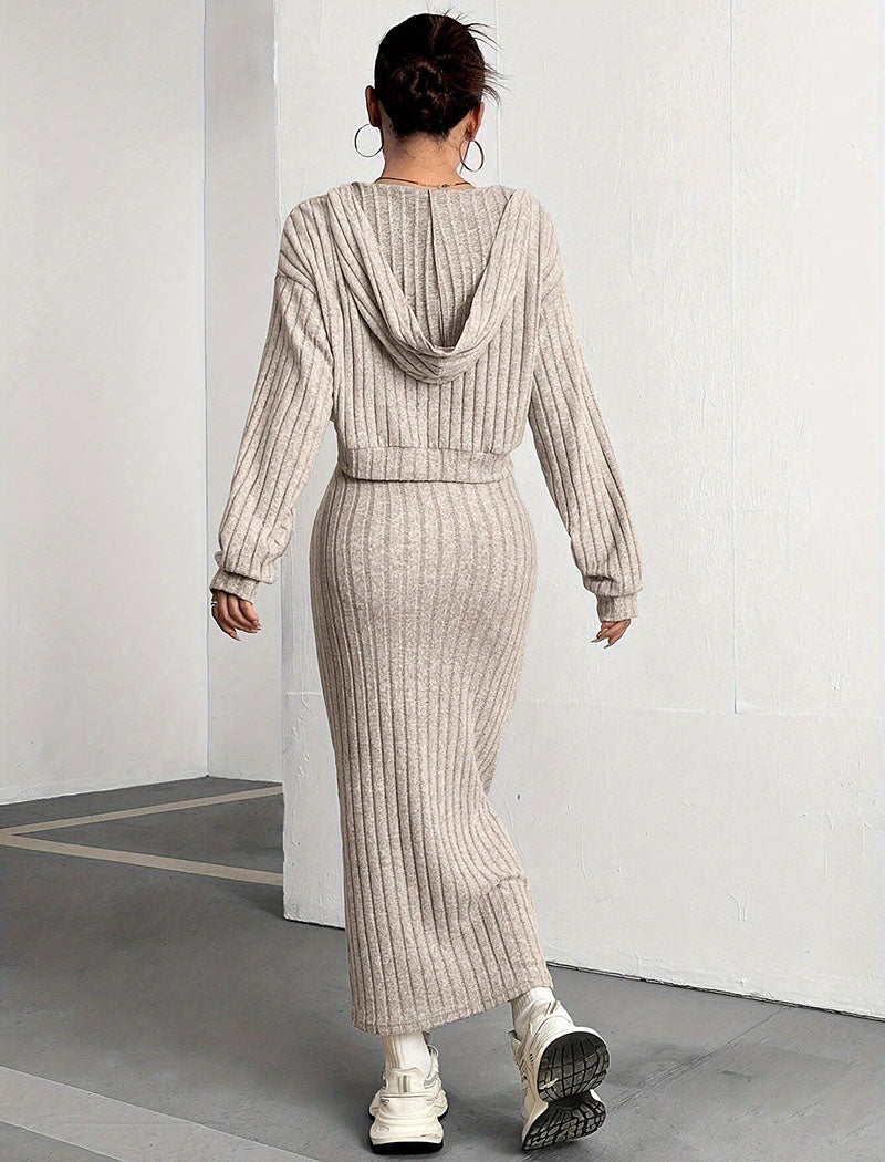 Ribbed Knit Long-Sleeve Top and Maxi Skirt Set