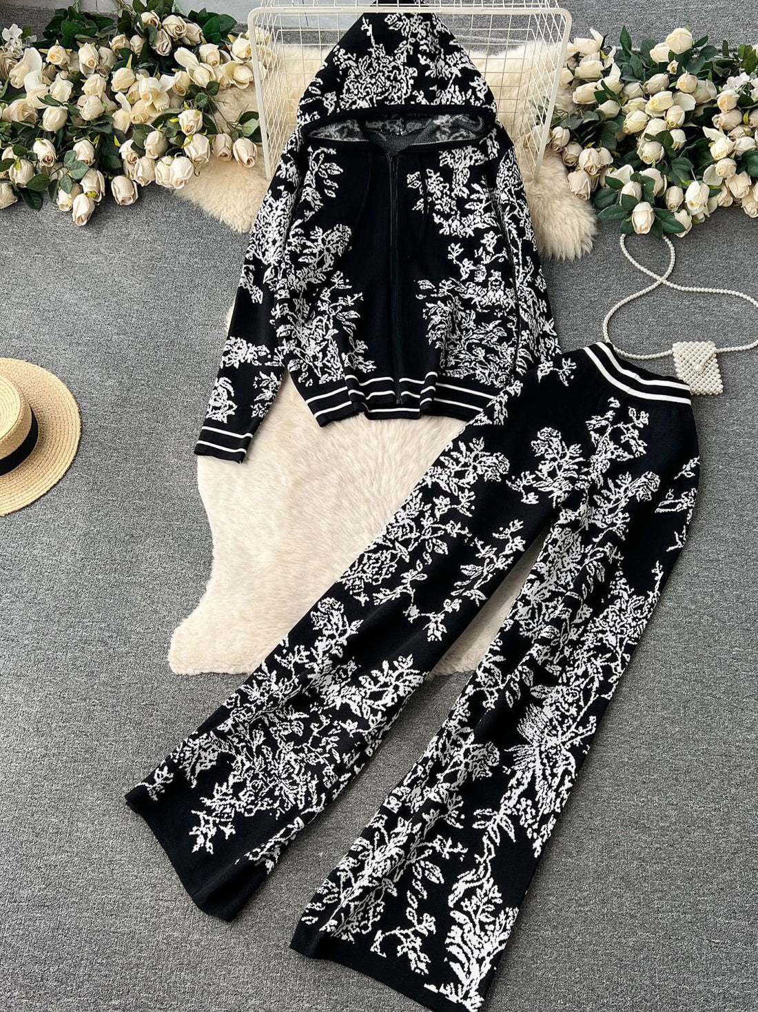 Floral Drawstring Hoodie and Wide-Leg Pants Set [NON-RETURNABLE]