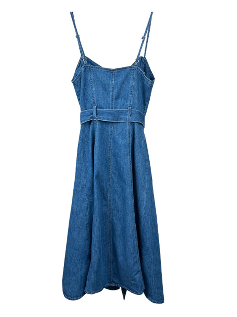 Belted Denim Cami Midi Dress