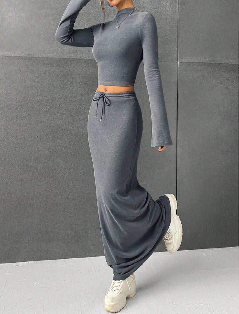 Crop Long-Sleeve Top and Drawstring Maxi Skirt Set