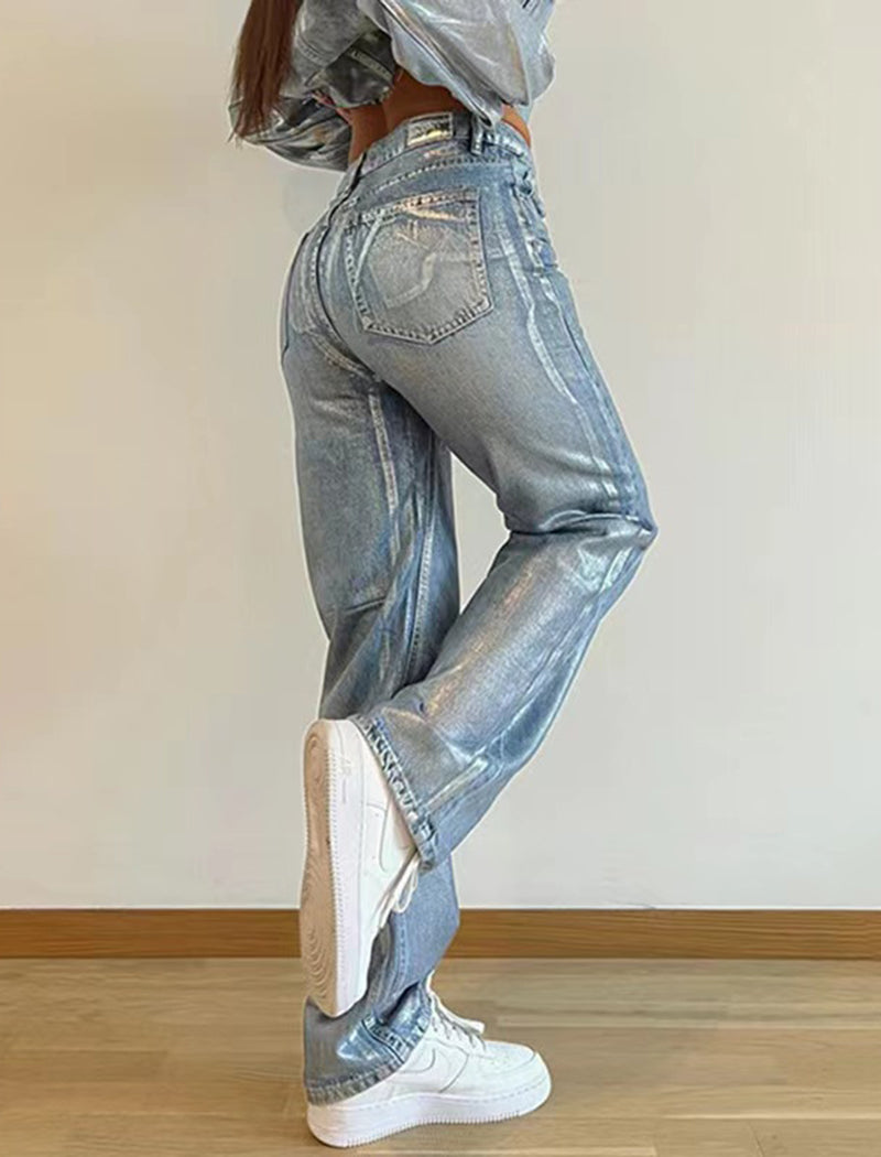 Straight-Leg Blue Silver-Printed Jeans