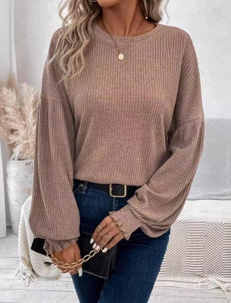 Balloon-Sleeve Ribbed Knit Top