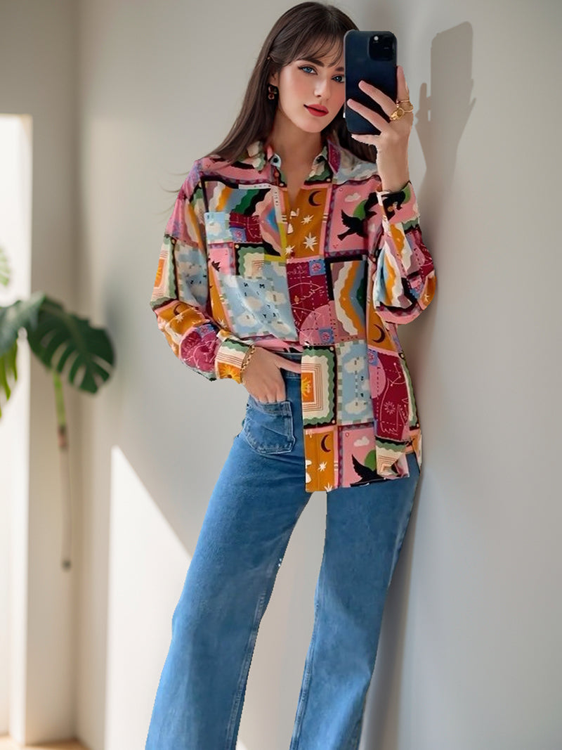 Patchwork Oversized Button-Up Shirt