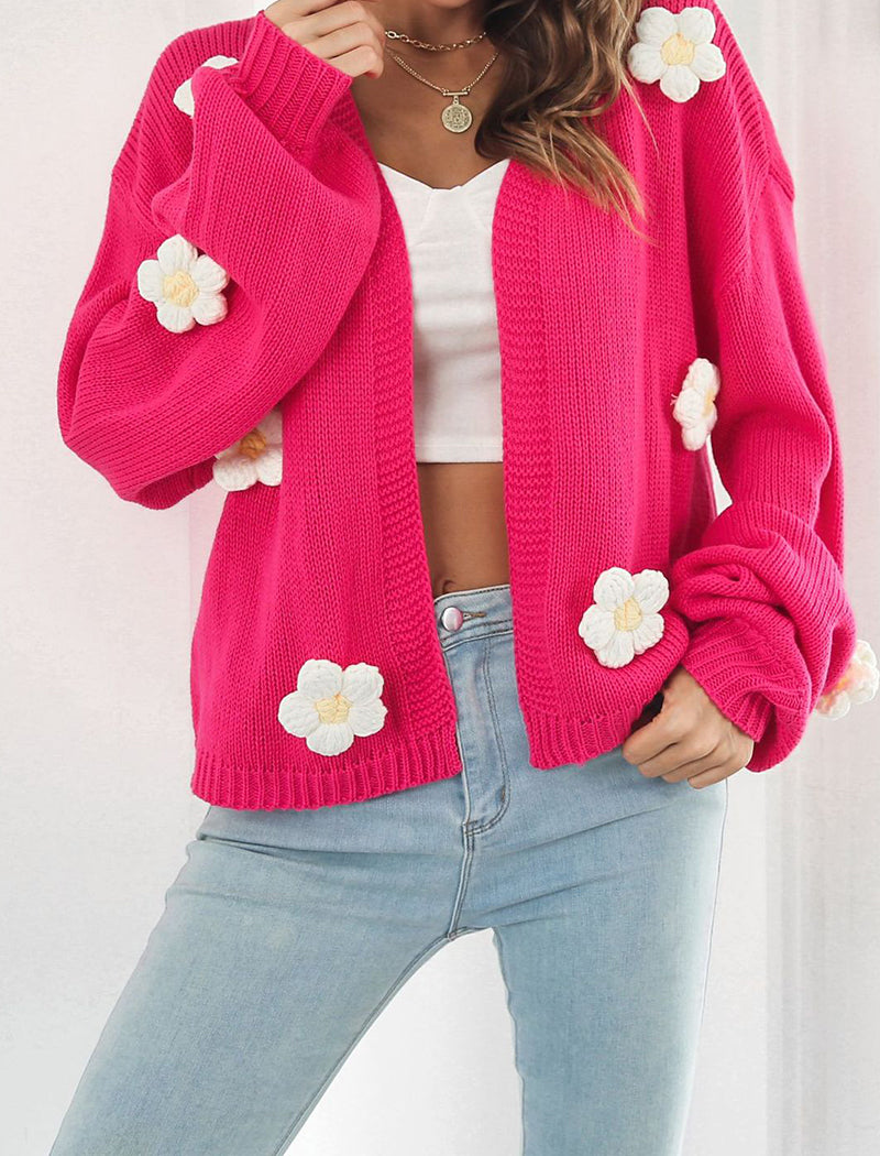 3D Flower Lantern Sleeve Knit Cardigan