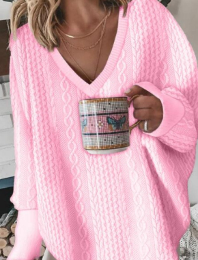 Oversized Cable-Knit V-Neck Sweater