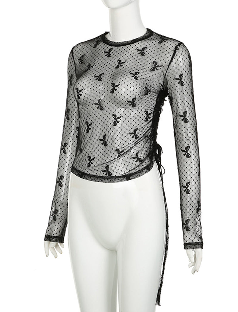 Sheer Mesh Long-Sleeve Top with Bow Design