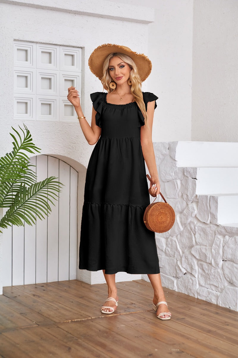 Solid Ruffle Sleeve Midi Dress