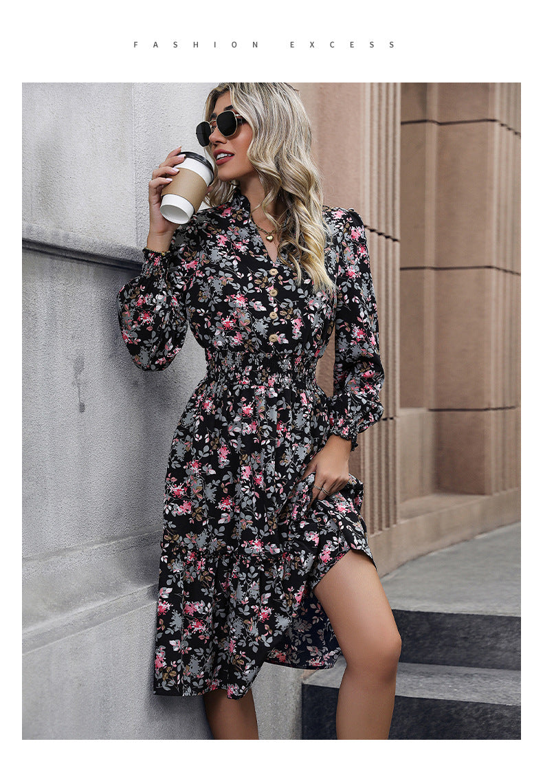 Floral Print Long Sleeve Midi Dress